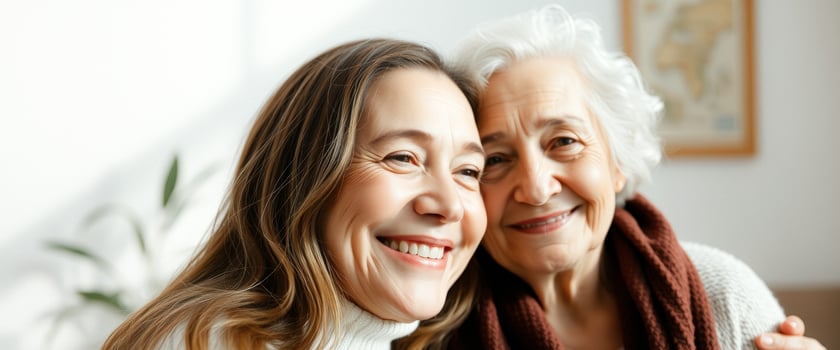 Senior woman and her daughter smiling together photo