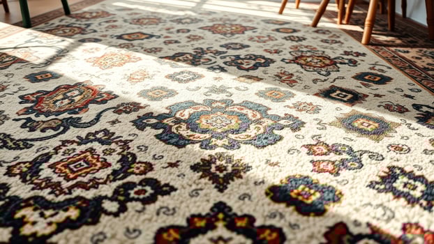 Close-up of a patterned carpet with natural light photo