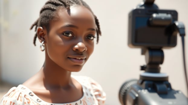 Young woman looks into camera lens, holding camera photo