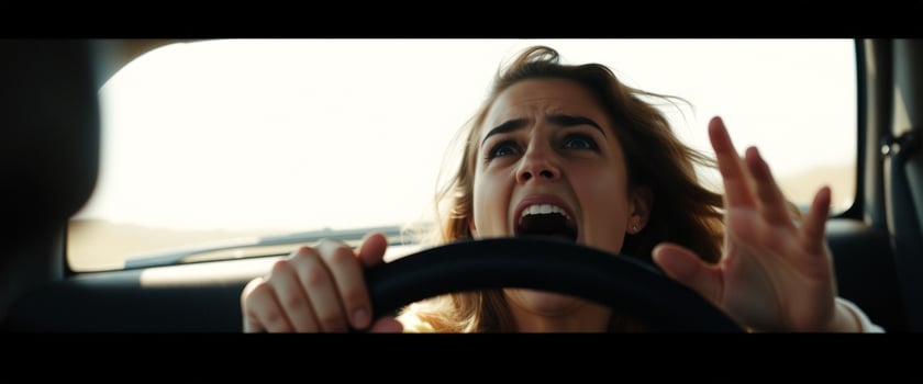 Young Woman in Car, Scared, Driving photo