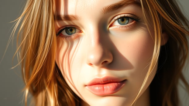 Close-up of a woman's face with sunlight on her skin photo