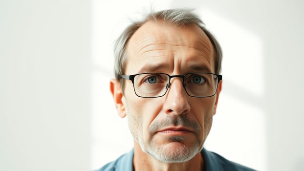 Close up portrait of mature man with glasses looking thoughtful photo