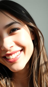 Closeup of a beautiful woman smiling with her long brown hair flowing behind her photo