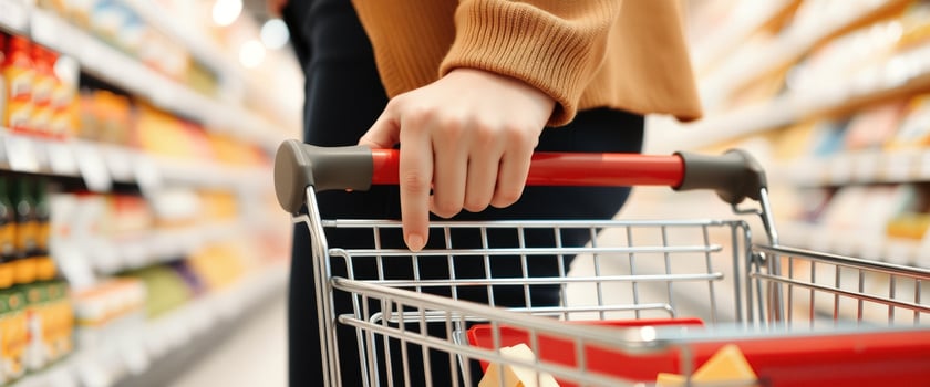 Close-up of a hand on a shopping cart handle in a supermarket aisle photo
