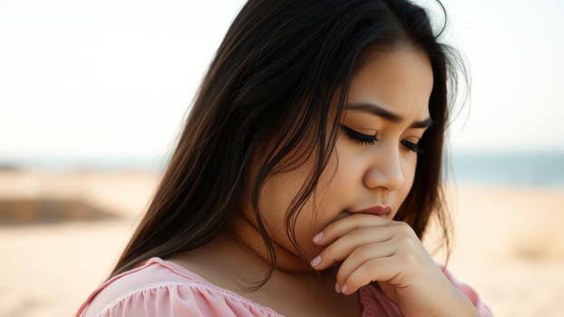 Close-up of a young woman with long dark hair, thinking and looking down photo