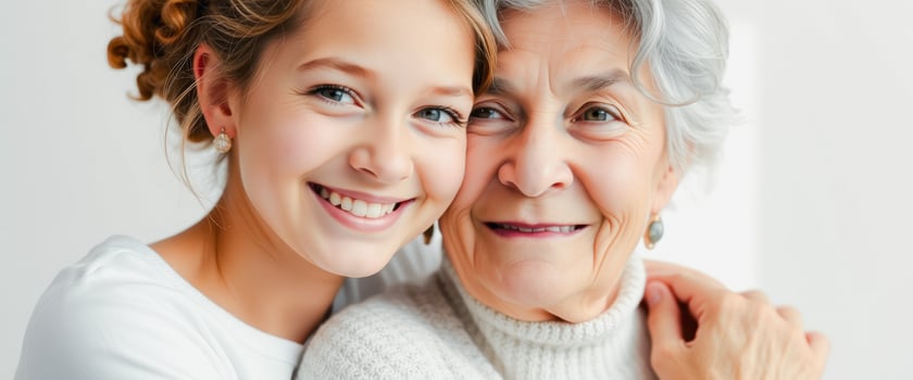 Close-up of a young woman and her grandmother smiling at the camera photo