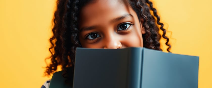 Young girl hiding behind a book photo