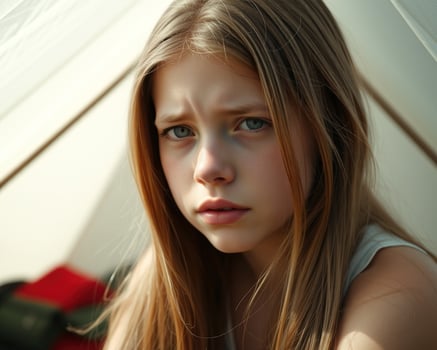 Closeup portrait of a young girl with long blonde hair and blue eyes photo