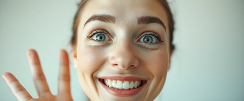 Close-up portrait of a young woman with wide-eyed smile photo