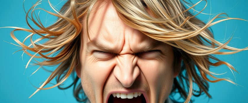 Closeup of a man with long blonde hair screaming photo