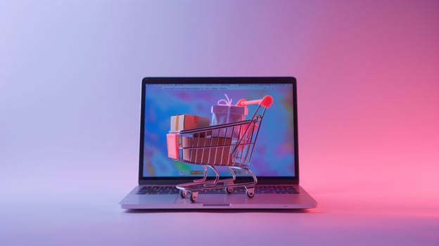 Creative Studio Shot of Open MacBook Air with Shopping Cart Displaying Online Shopping Concept photo