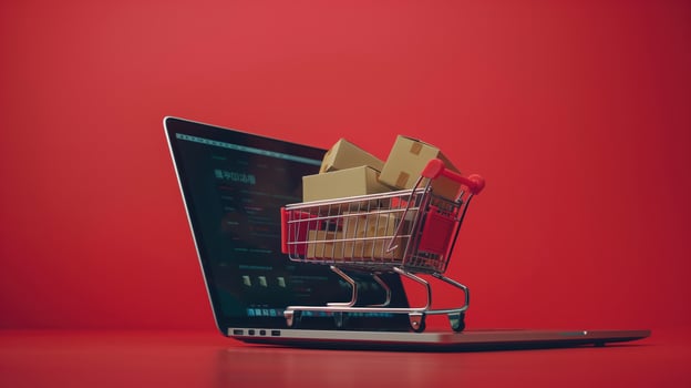 Online Shopping Concept With Shopping Cart and Cardboard Boxes on Laptop photo