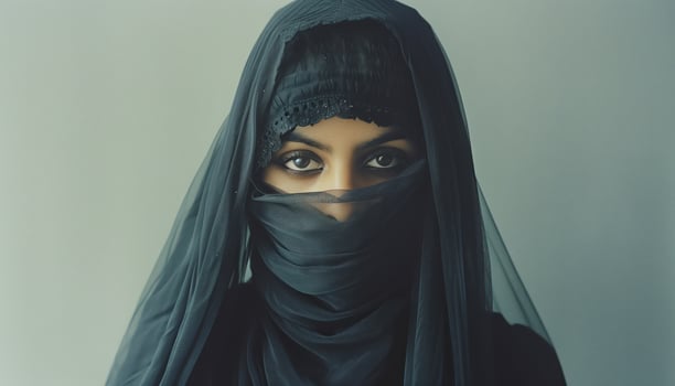 Beautiful Woman in Traditional Veil with Intense Eyes, Showcasing Cultural Heritage and Mystery photo