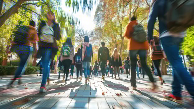 College Students Walking Outdoors on Campus During a Bright Day in Autumn Under Colorful Trees photo