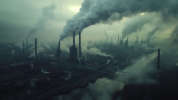 Industrial Landscape with Heavy Pollution and Smoke Emissions from Large Factory Chimneys Impacting the Environment and Atmosphere photo