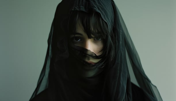 Mysterious Portrait of Woman Covered in Black Veil Enigmatic Expression photo