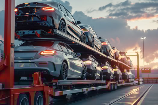 Car Carriers Transporting Multiple Vehicles at Sunset in a Commercial Shipping Yard photo