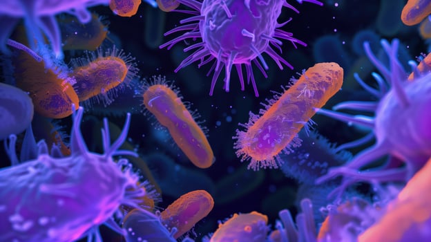 High Magnification Visualization of E. Coli Cells Expressing Vibrant Colors in a Scientific Setting photo