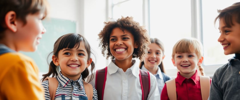 Happy school children with backpacks photo