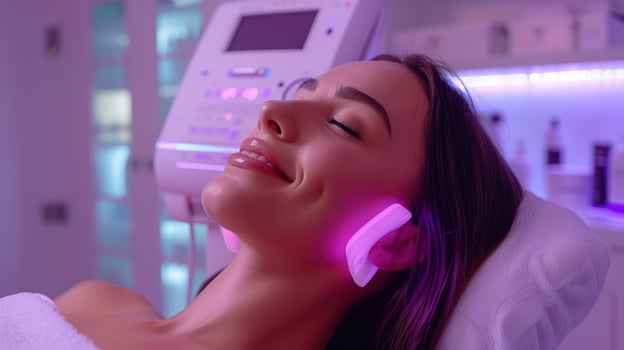 Relaxed Woman Enjoying Ultrasound Cavitation Treatment in Modern Spa Setting with Soft Lighting photo