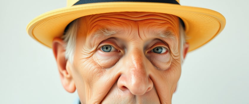 Close-up portrait of an elderly man with a yellow hat and blue eyes photo