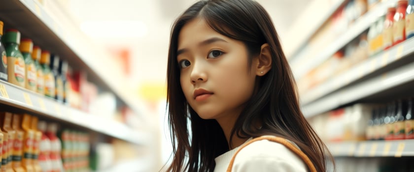 Young Woman Looking Over Shoulder in Grocery Store Aisle photo