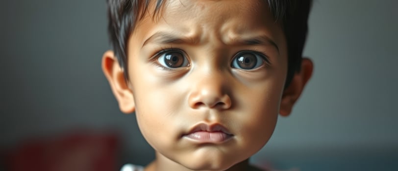 Close-up Portrait of a Young Boy with Serious Expression photo