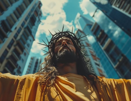 Dramatic Urban Jesus Figure with Crown of Thorns and Outstretched Arms Amidst Skyscrapers photo