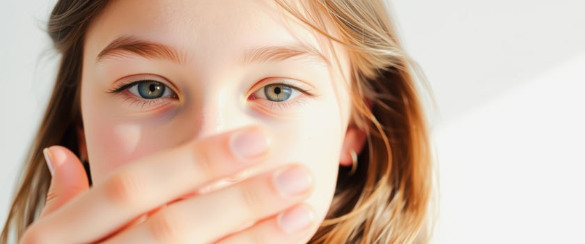 Closeup portrait of a young woman covering her mouth with her hand photo