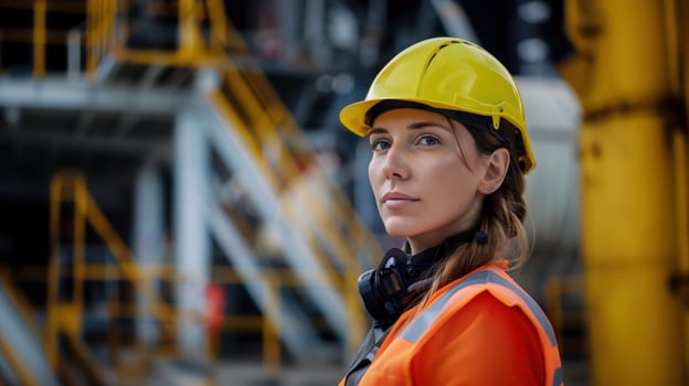 Confident Female Industrial Worker Wearing Safety Gear at Construction Site photo