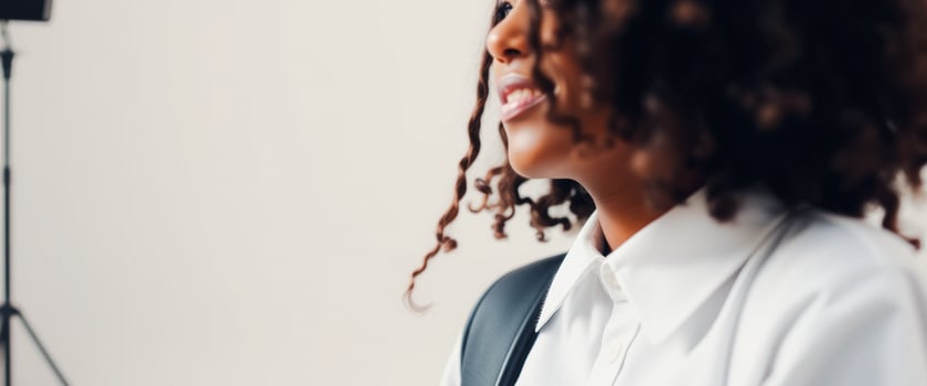 Closeup of a Woman's Face with Curly Hair and a White Shirt photo