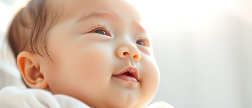 Close-up of baby's face with bright eyes photo