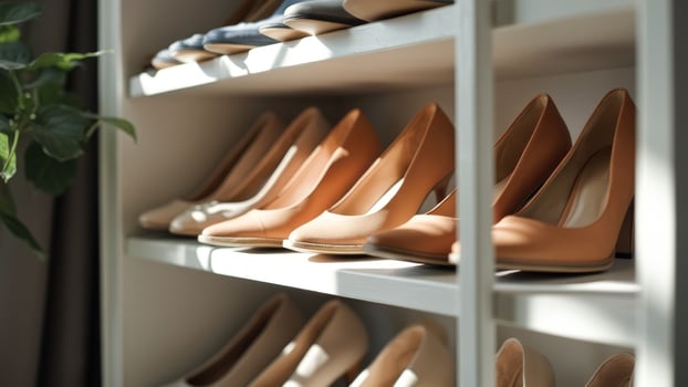Closeup of Brown High Heels on a White Shoe Shelf photo
