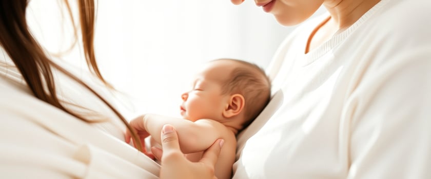 Mother Holding Sleeping Baby In White Shirt photo