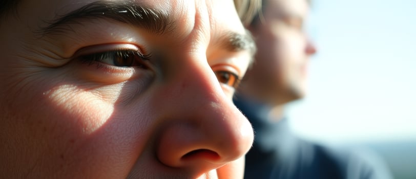 Close-up of a woman's face with sunlight illuminating her skin photo