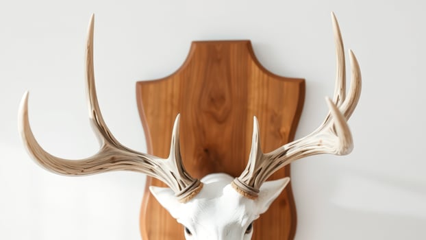White Deer Antlers on Wooden Plaque photo