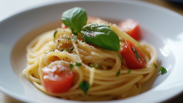 vegetarian pasta with tomato and basil photo