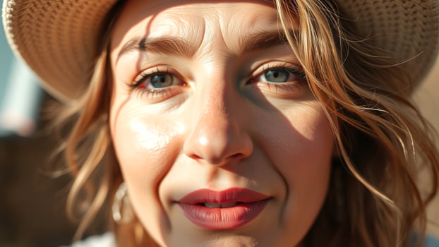 Close-up portrait of a young woman with straw hat and windblown hair photo