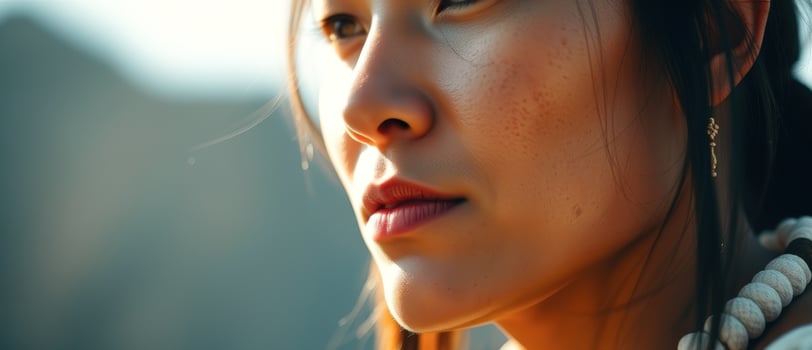Close up portrait of a young woman with long black hair, looking off to the side photo