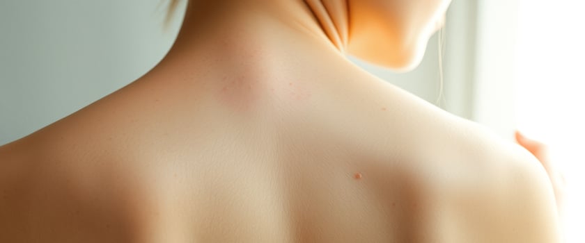 Close-up of a woman's back, soft and smooth skin with freckles, glowing in natural light. photo