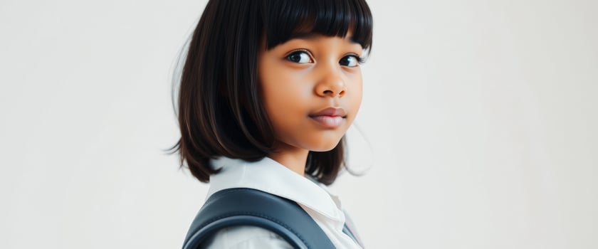 Portrait of a young girl in a white shirt and a black backpack photo