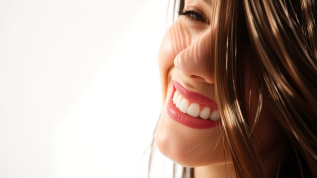 Close-up of a woman's smile, showing white teeth and pink lips photo