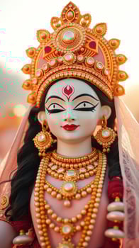 Closeup of a Hindu goddess with ornate jewelry photo