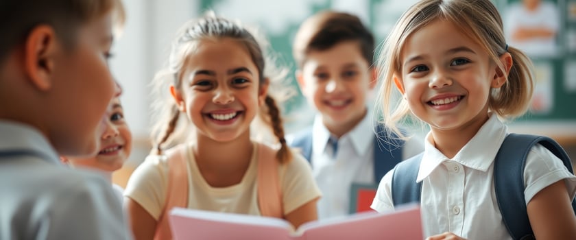 Happy school children reading a book together photo