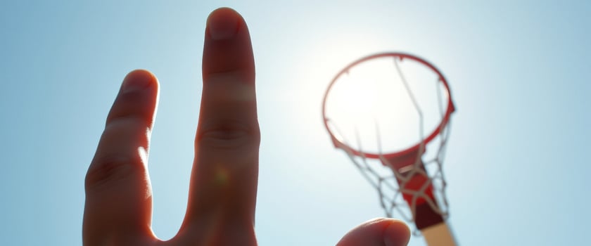 Close up of a hand reaching for a basketball hoop photo