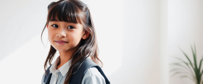 Young Girl with Backpack Looking at Camera photo