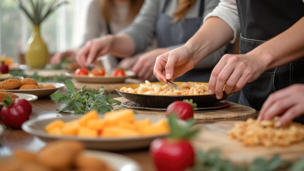 Close-up of hands preparing food on a wooden table photo