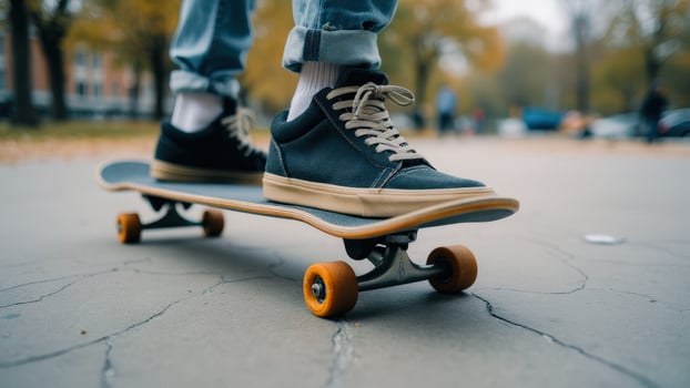 Skateboarder with Blue Jeans and Black Sneakers photo
