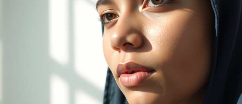 Close-up of a woman's face with natural makeup photo