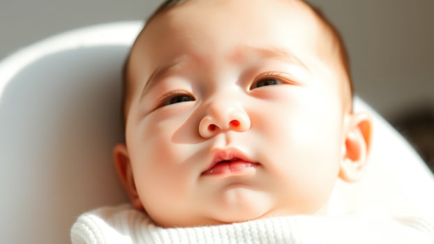 Close-up of a baby's face, eyes open, looking up photo